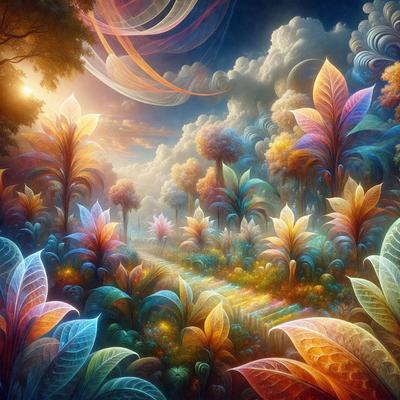 The primary subject of the image is a vibrant and colorful forest scene. The setting is a lush, green, and colorful landscape with trees and flowers. The visual style is a digital art or illustration, showcasing a vivid and imaginative world. The colors and mood of the image are predominantly bright and cheerful, with a sense of wonder and fantasy.